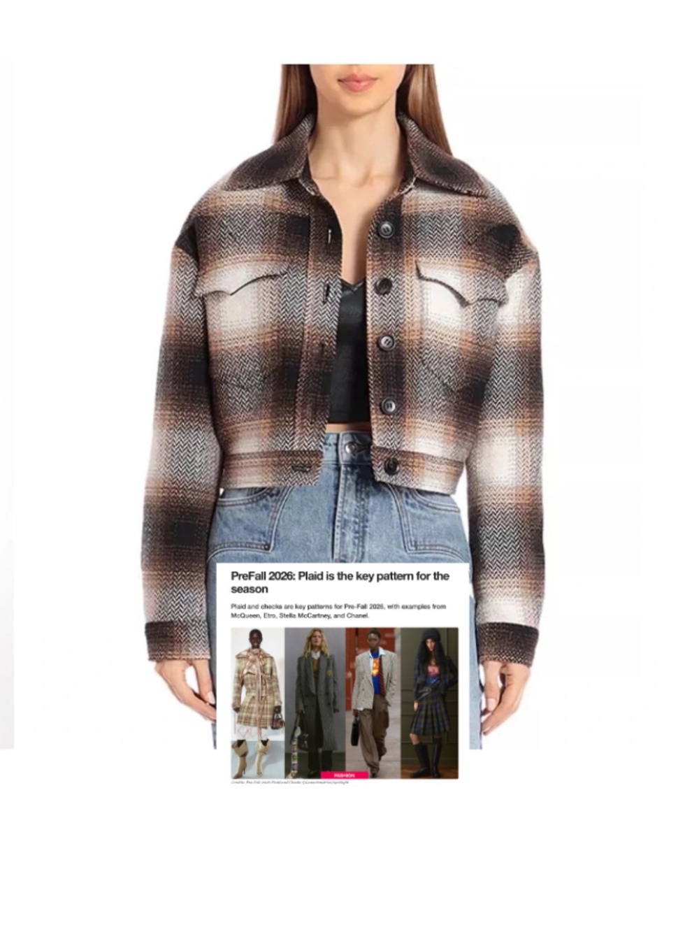 Avec Les Files Brown/Beige/ Blk Plaid Trucker Fleece Cropped Jacket XS